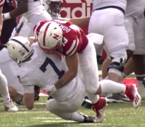 JoJo Domann with a sack against Penn State in 2020.